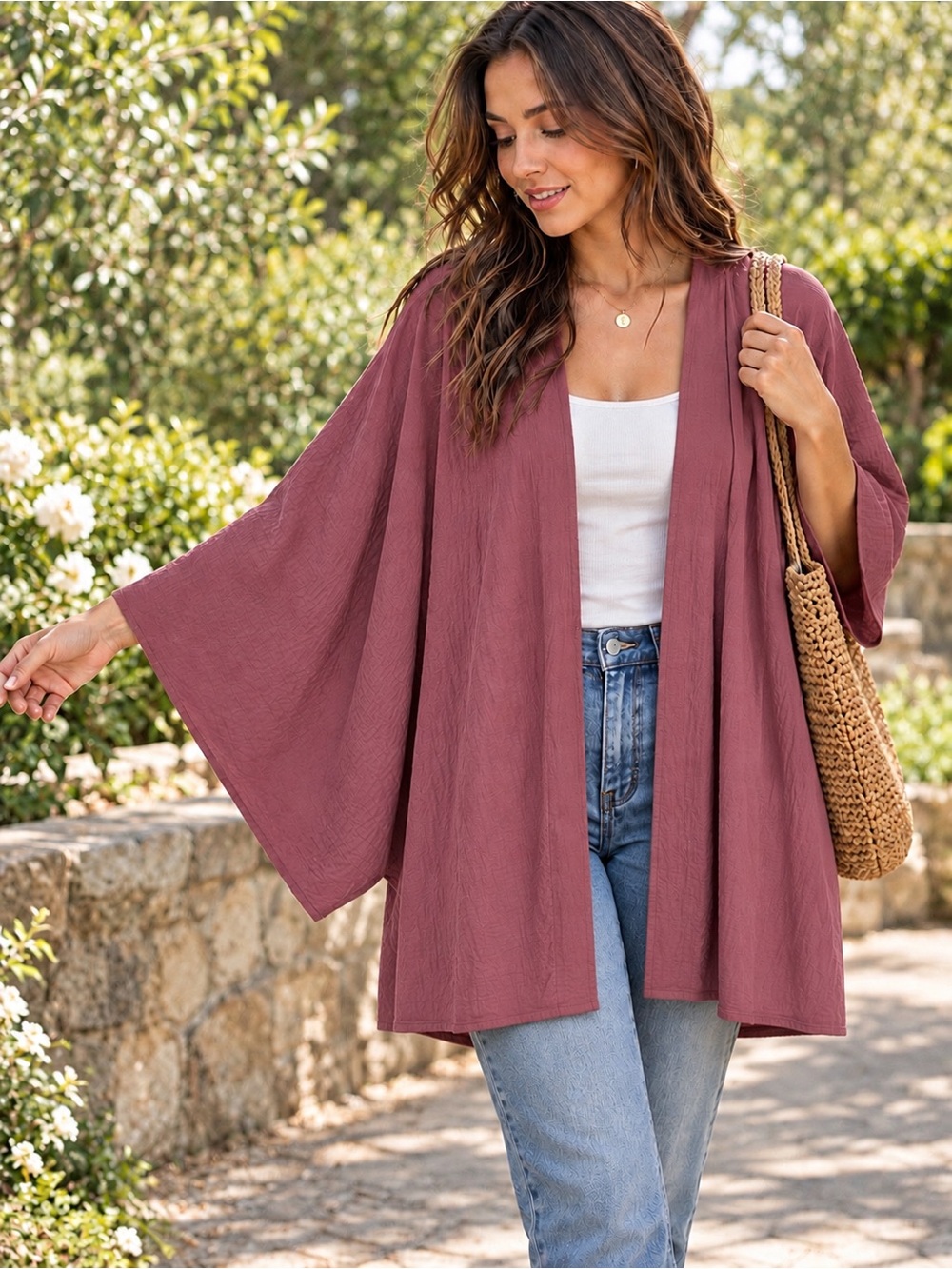 Women's Open-Front Kimono Cardigan in Dusty Rose